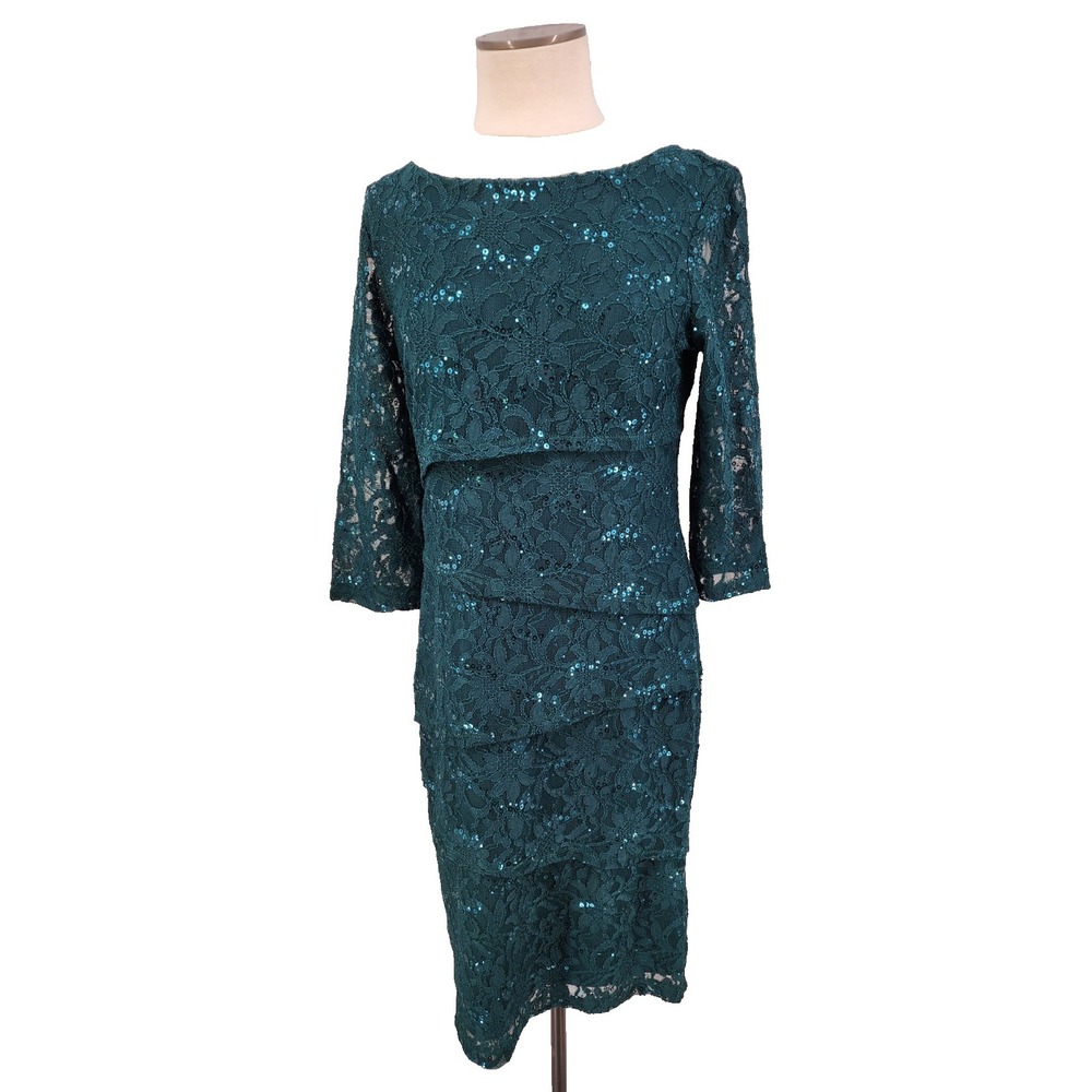 Ronni Nicole Lace Cocktail Dress Sparkle Sheer Tiered Green Stretch Midi Sz 10